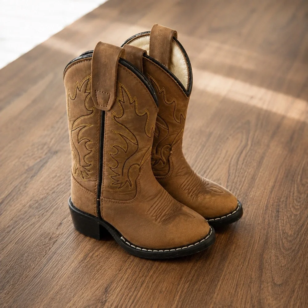 Old West Kids Leather Cowboy Boots Tan Brown Western Stitch 8129 Size 10D